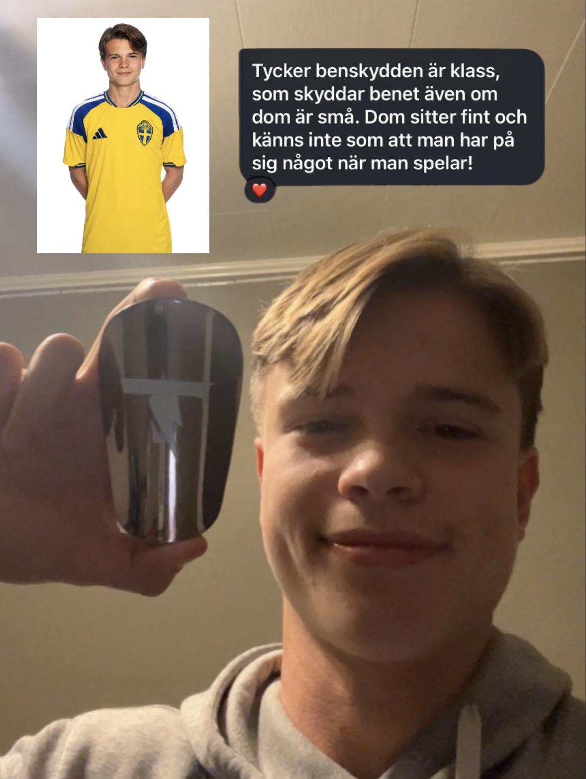 Ung spelare håller upp ett TEKKZ benskydd – "Tycker benskydden är klass, som skyddar benet även om dom är små. Dom sitter fint och känns inte som att man har på sig något när man spelar!"